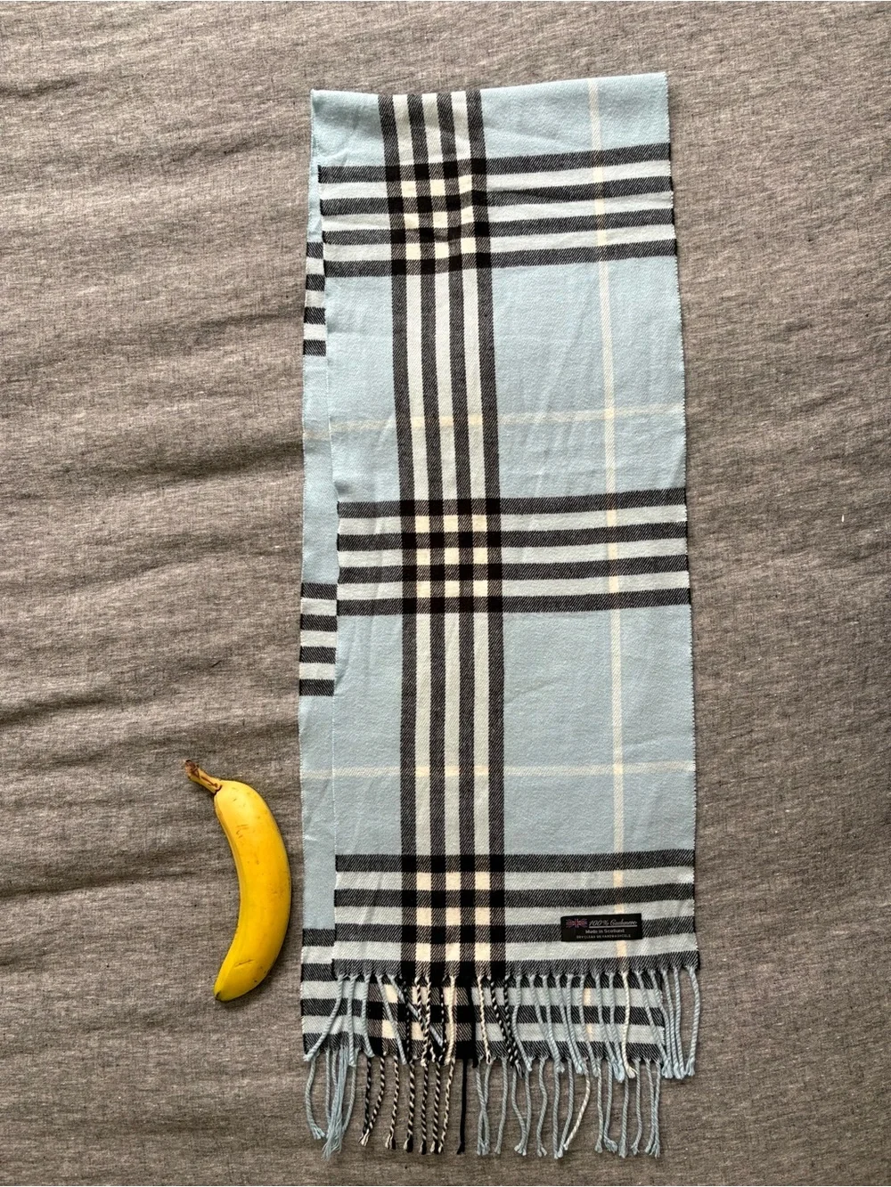 Light Blue Plaid Cashmere Scarf with Fringe